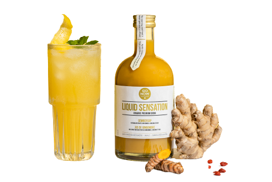 liquid sensation 500ml met alcoholvrije cocktail, gember, kurkuma, gojibes en citroen