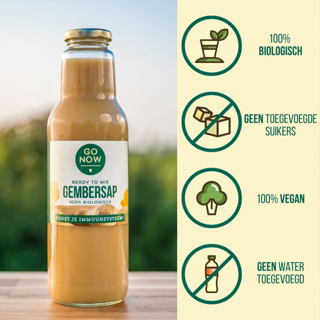 pure gembersap, 100% biologisch, geen suikers toegevoegd, 100% vegan, geen water toegevoegd